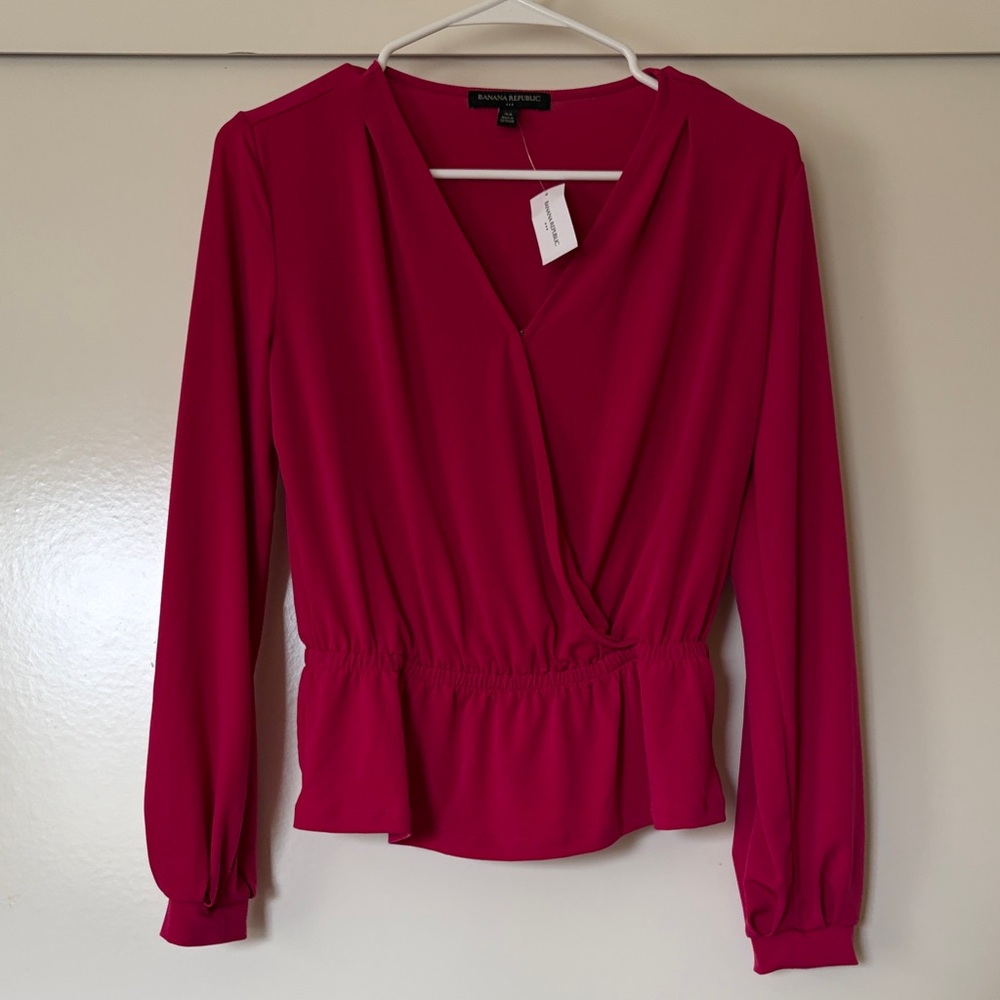 Banana Republic Fuchsia Wrap-Style Long Sleeve Peplum Blouse